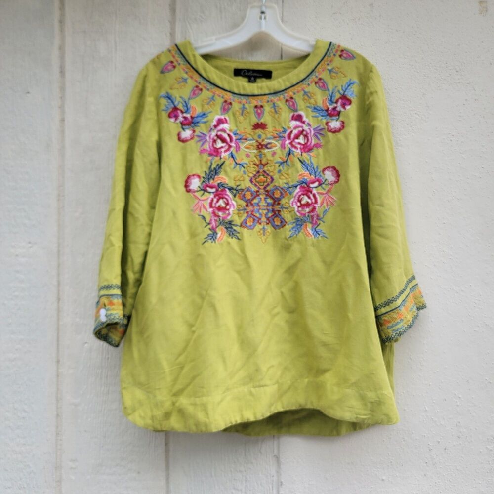 Caleesa Floral Embroidered Top Grn Wmns Sz M Boho Artsy